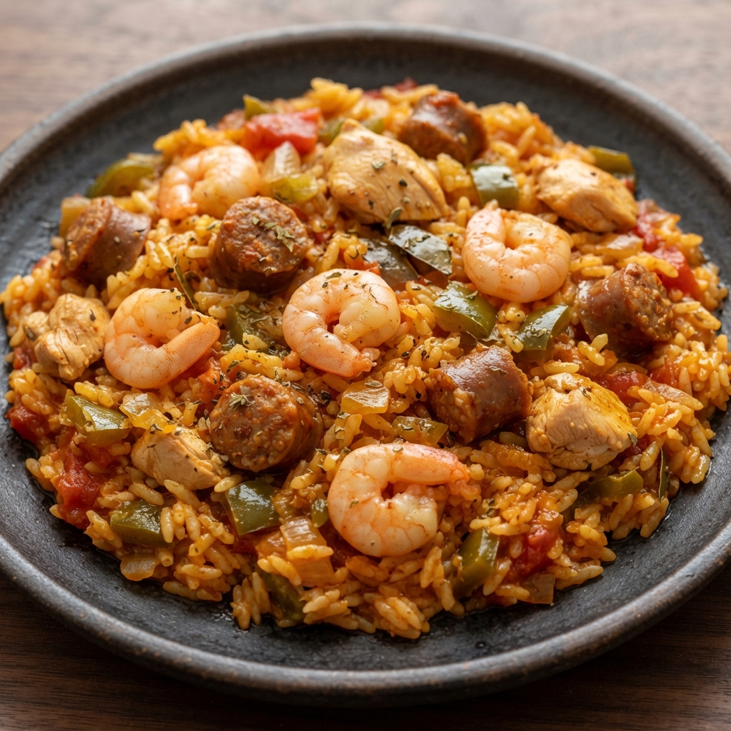 Hearty Mixed-Meat Paella with Shrimp and Rice