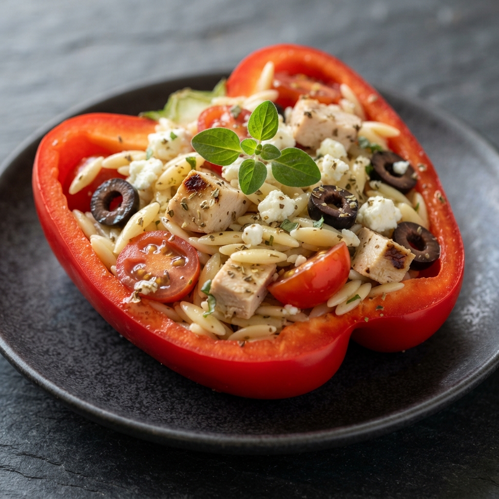 Orzo and Chicken Mediterranean Salad in Red Pepper Cups