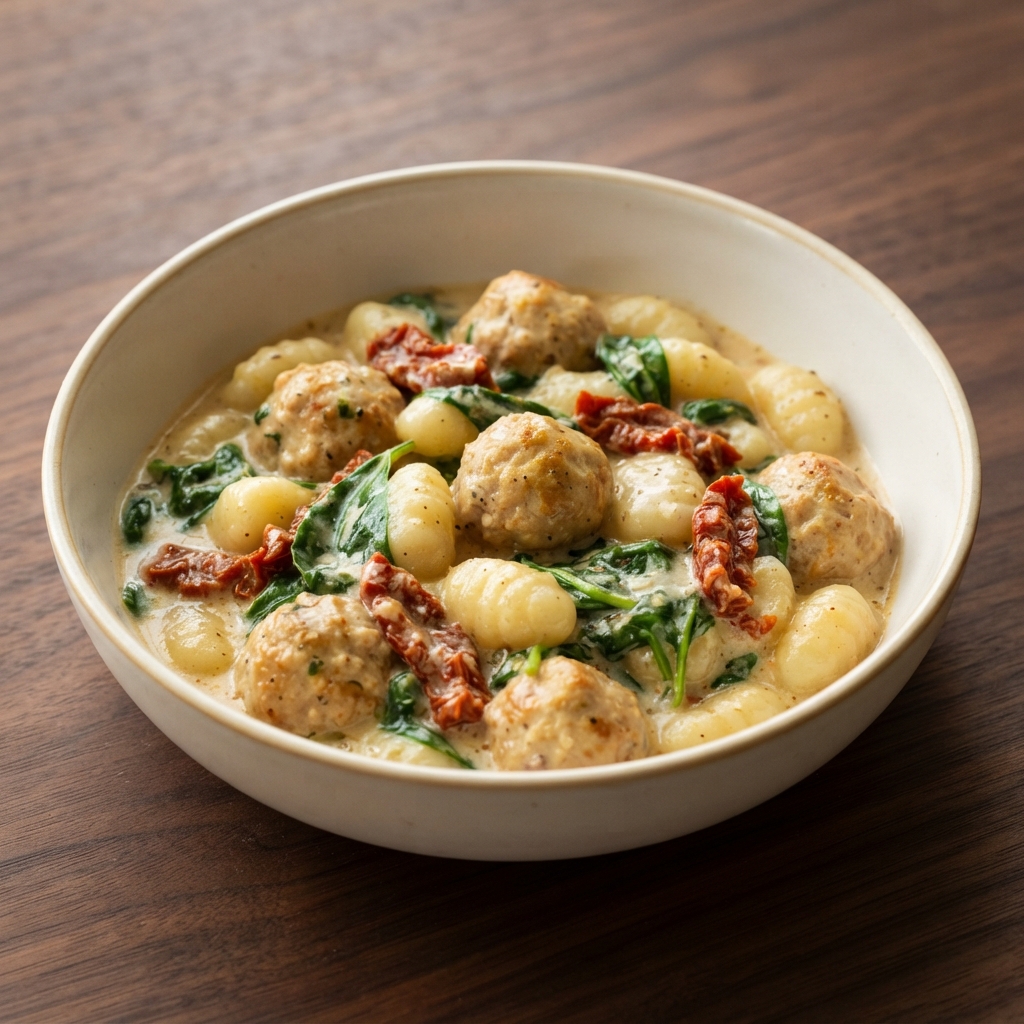 Crockpot Tuscan-Style Chicken Meatballs with Gnocchi