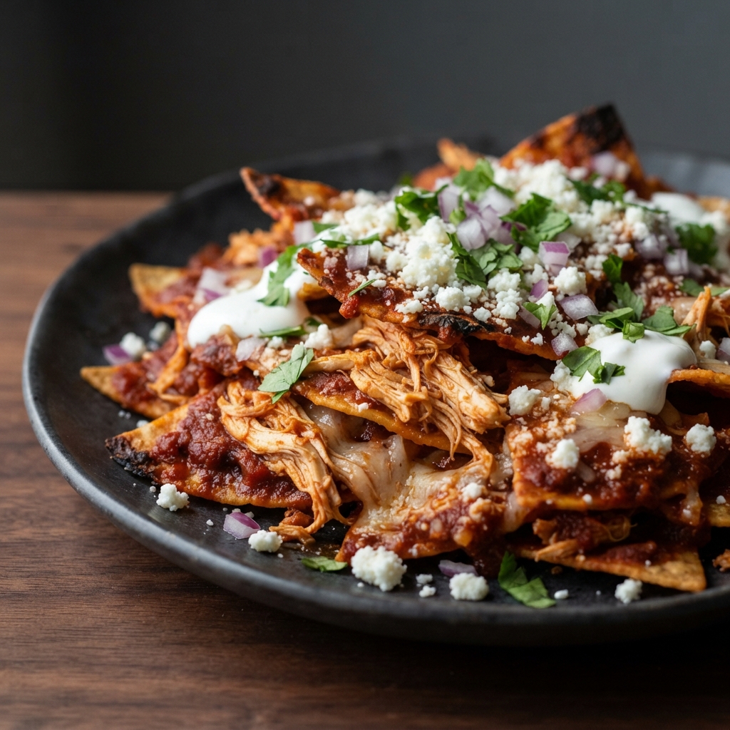 Chilaquiles Rojos with Chicken and Cheese