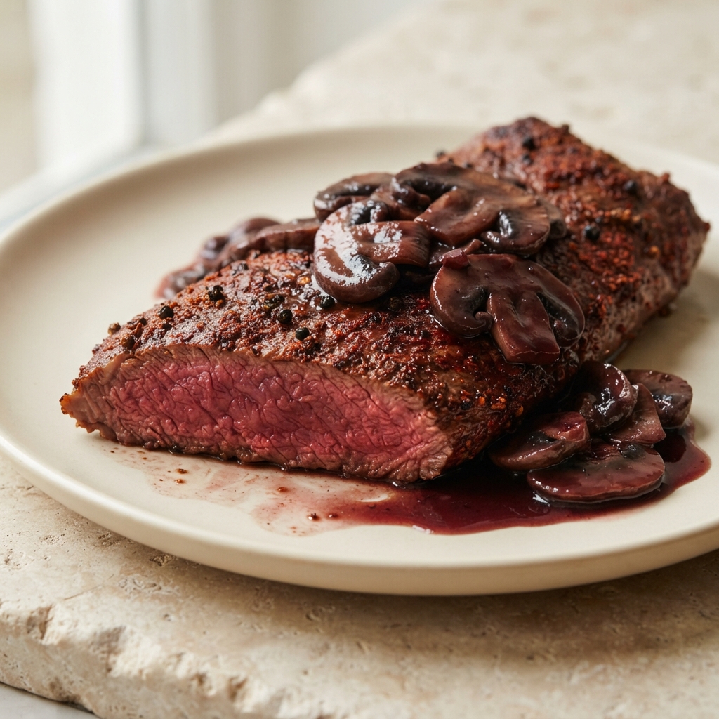 Weeknight Flat Iron Steak with Red Wine Mushroom Sauce