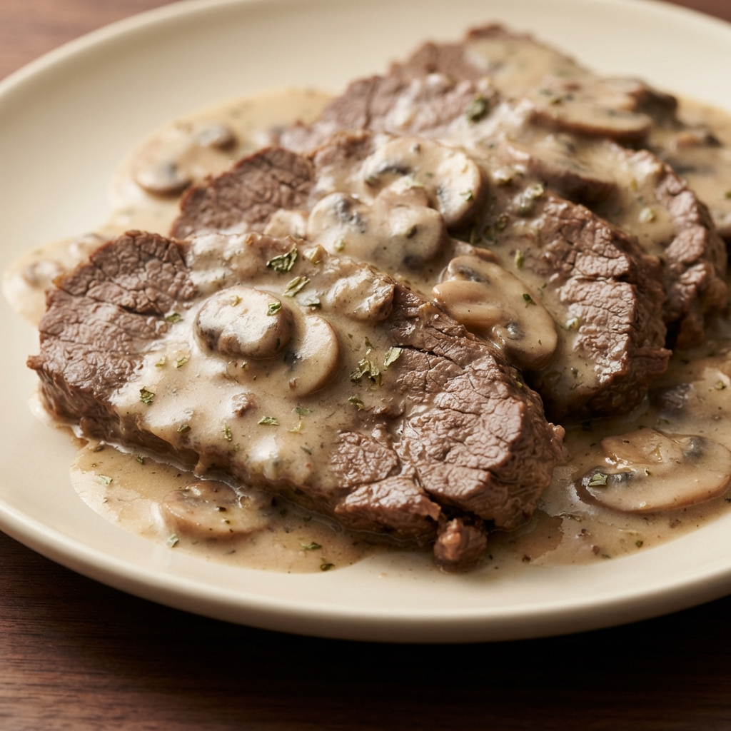 Slow Cooker London Broil with Creamy Mushroom Sauce