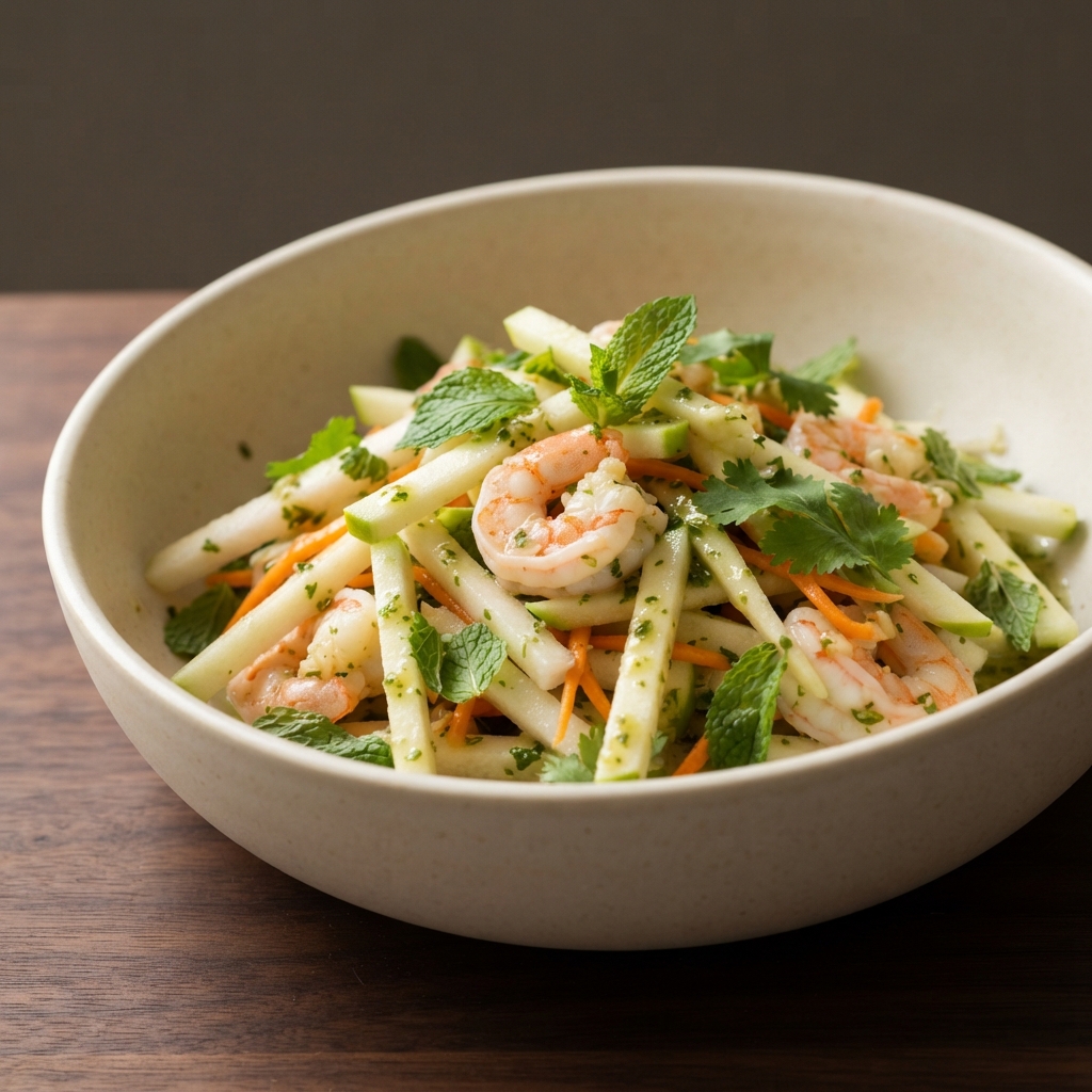 Green Apple, Jicama, and Prawn Salad with Mint, Lemongrass, and Dijon Dressing