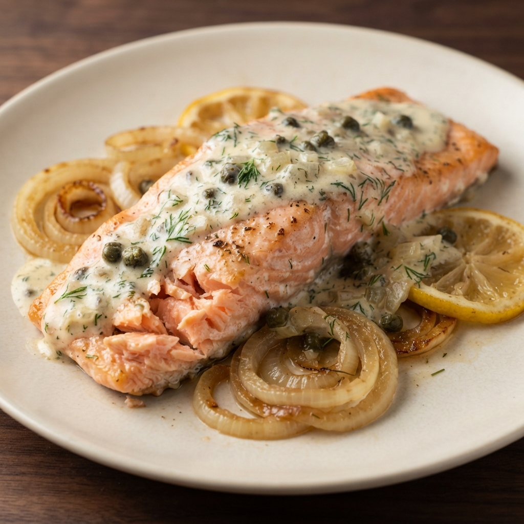 Baked Salmon with Tangy Dill-Caper Cream
