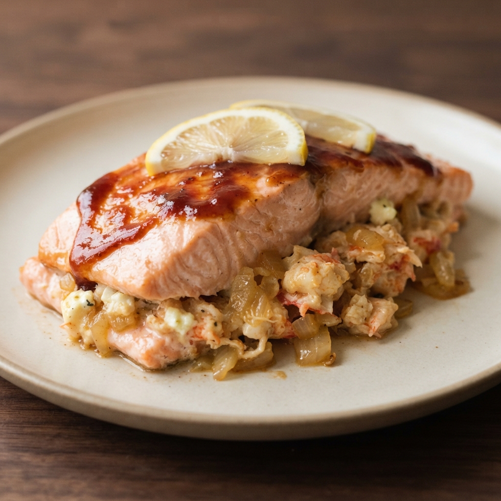 Crab-and-Lobster Stuffed Salmon with Goat Cheese