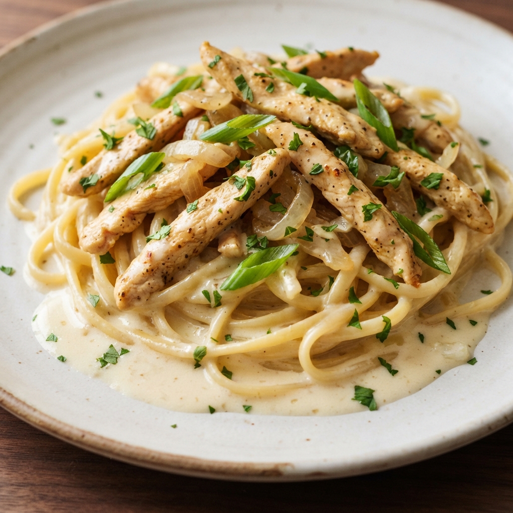 Linguine Topped with Creamy Chicken