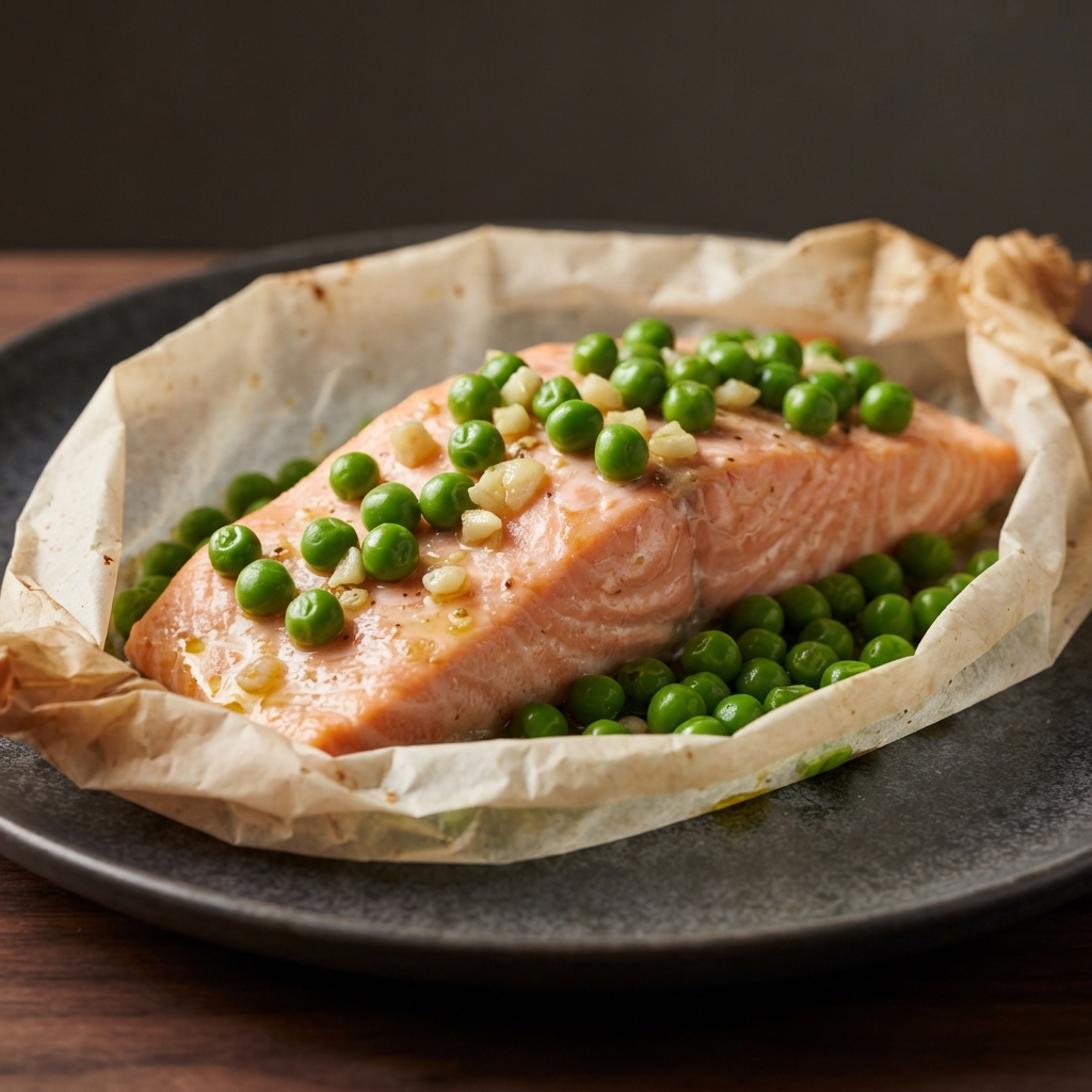 Salmon en Papillote with Peas, Garlic, and Lemon