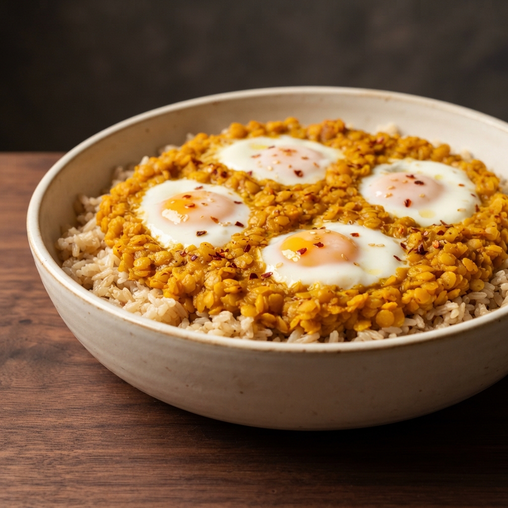 Stagflation Lentil Bowl with Brown Rice and Eggs