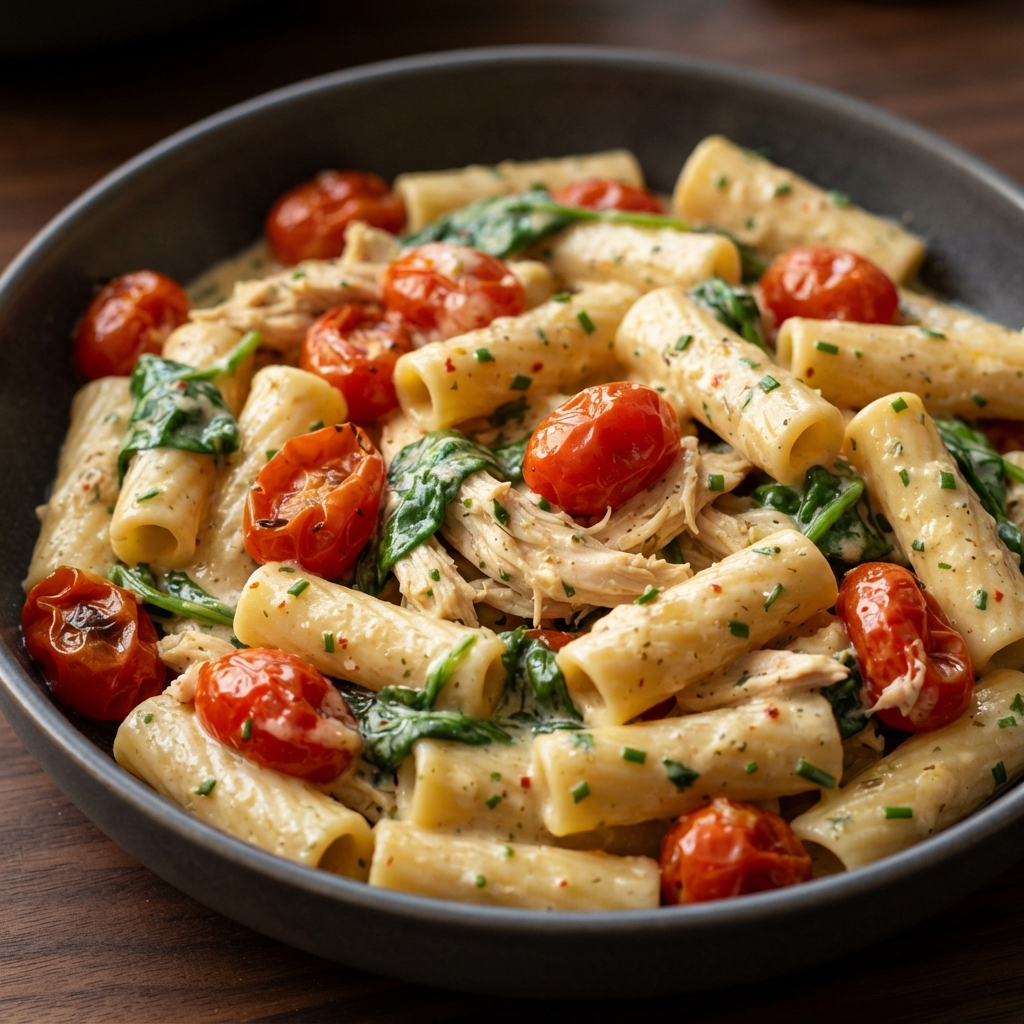 Creamy Boursin Chicken Pasta with Tomatoes and Spinach