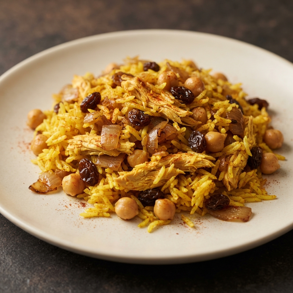 Saffron Chicken Polo with Chickpeas and Raisins