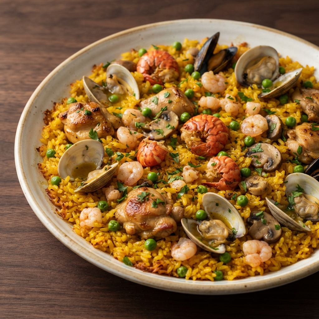 Classic Spanish Paella with Chicken and Seafood