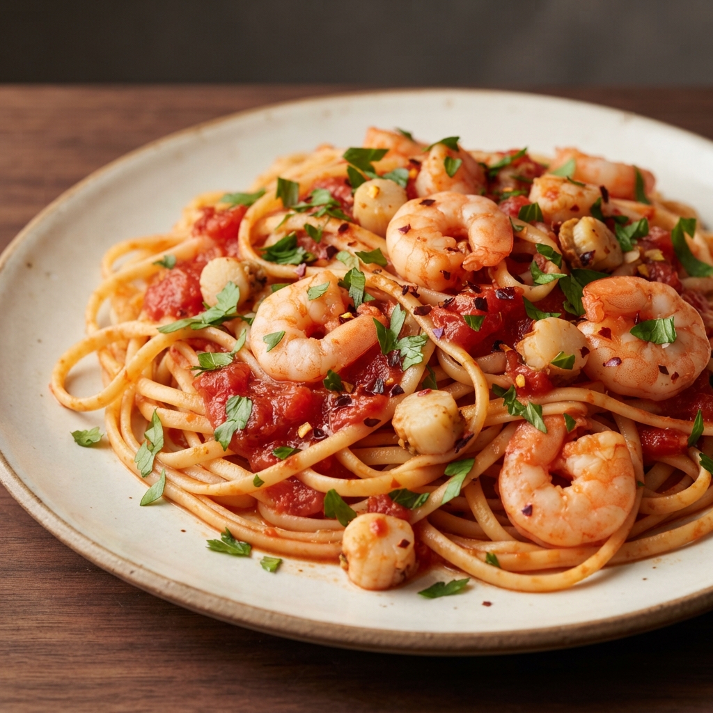 Spicy Fra Diavolo Pasta with Shrimp and Scallops