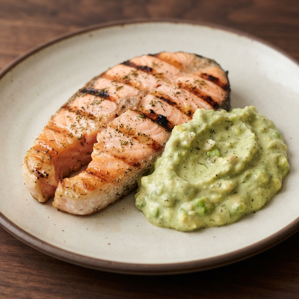 Avocado Yogurt Dip with Grilled Salmon Steaks