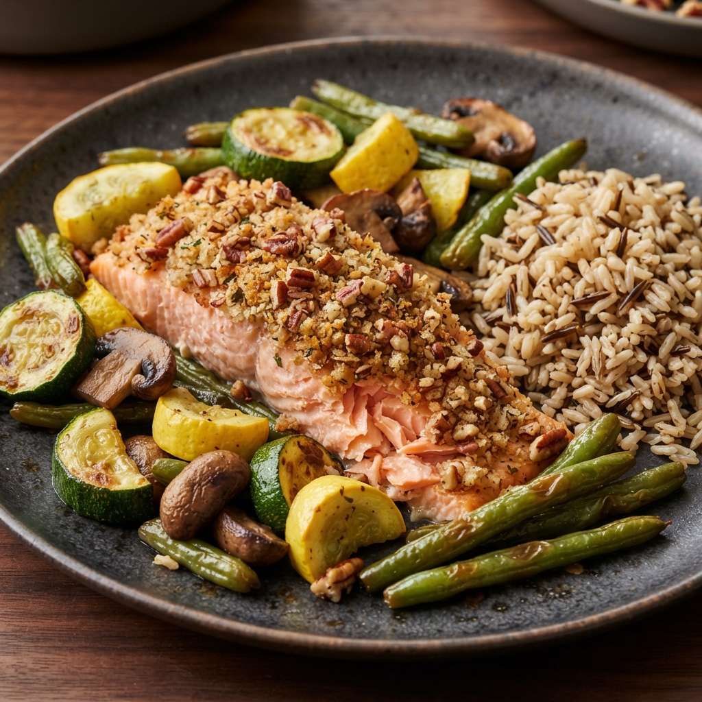 Sheet-Pan Steelhead Trout with Veggies and Pecan Panko
