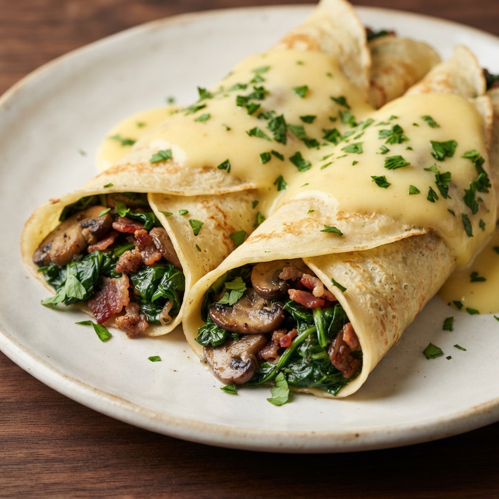 Crepes Filled with Spinach, Bacon, and Mushrooms