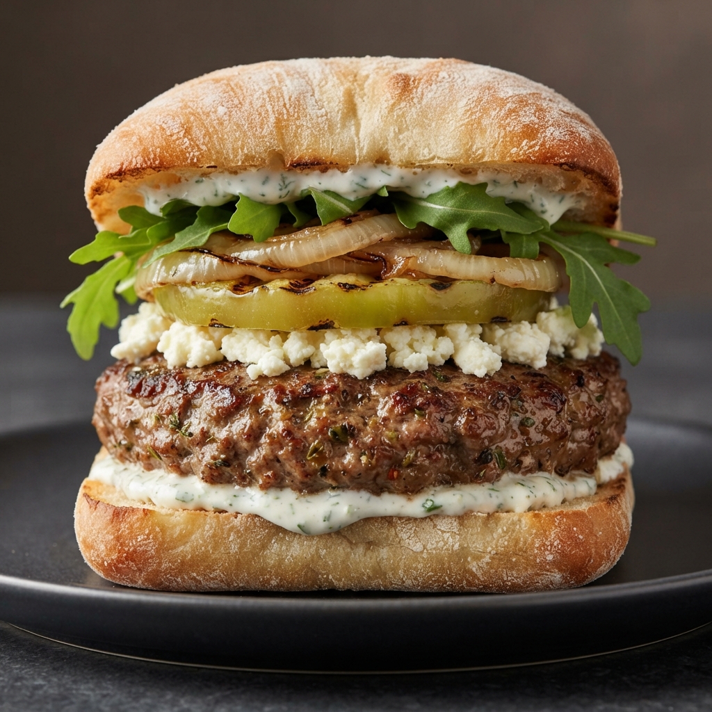 Herbed Lamb-Beef Burgers with Lemon Yogurt and Feta