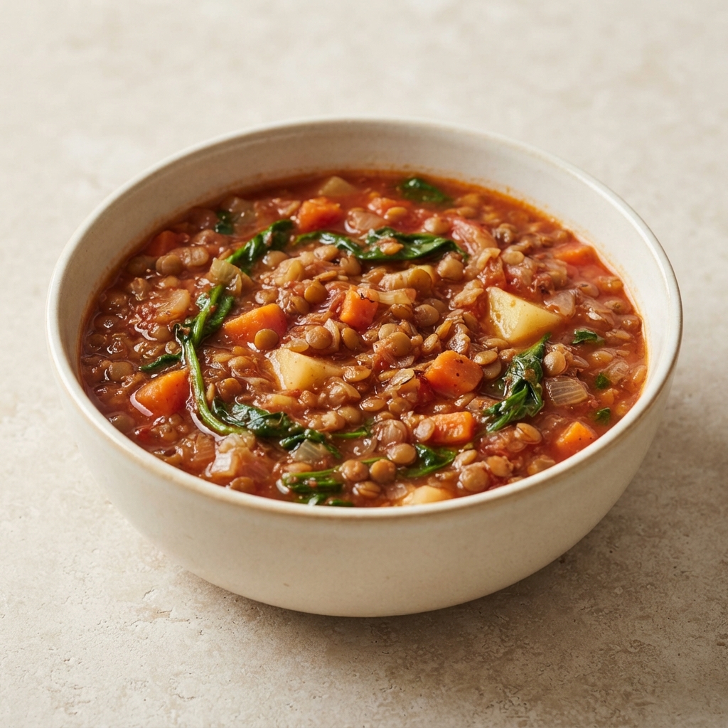 Crockpot Mediterranean Lentil Soup with Spinach