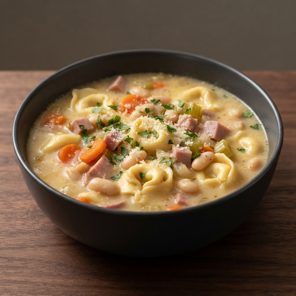 Creamy Tortellini Soup with Ham and Cannellini Beans