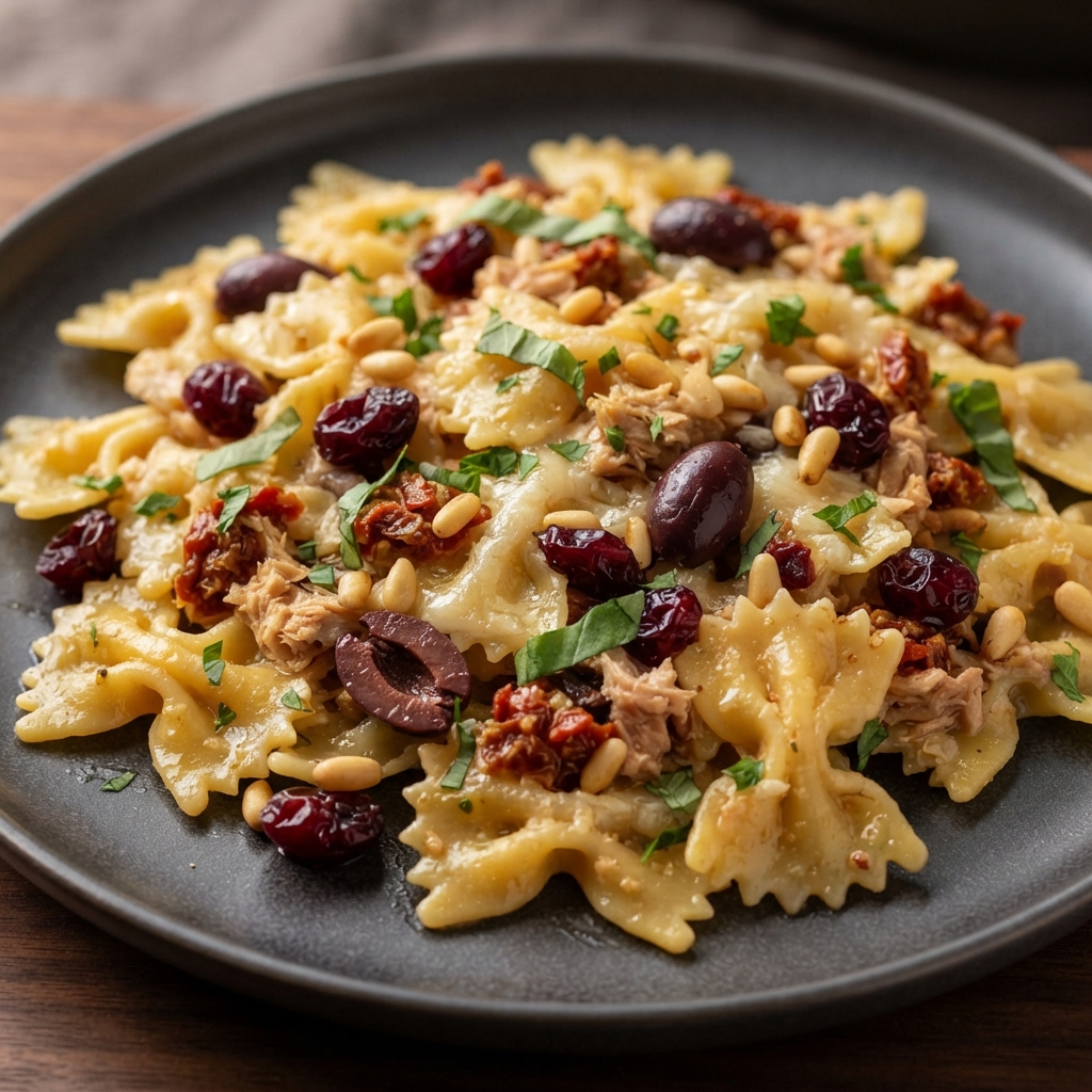Skillet Tuna Pasta Bake with Mediterranean Flavors
