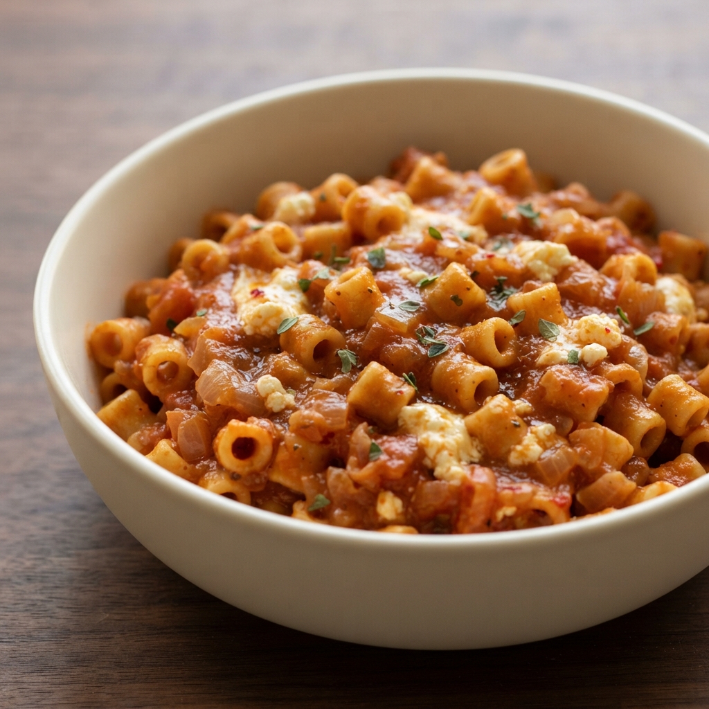 Ditalini in Roasted Tomato Sauce with Crumbled Goat Cheese
