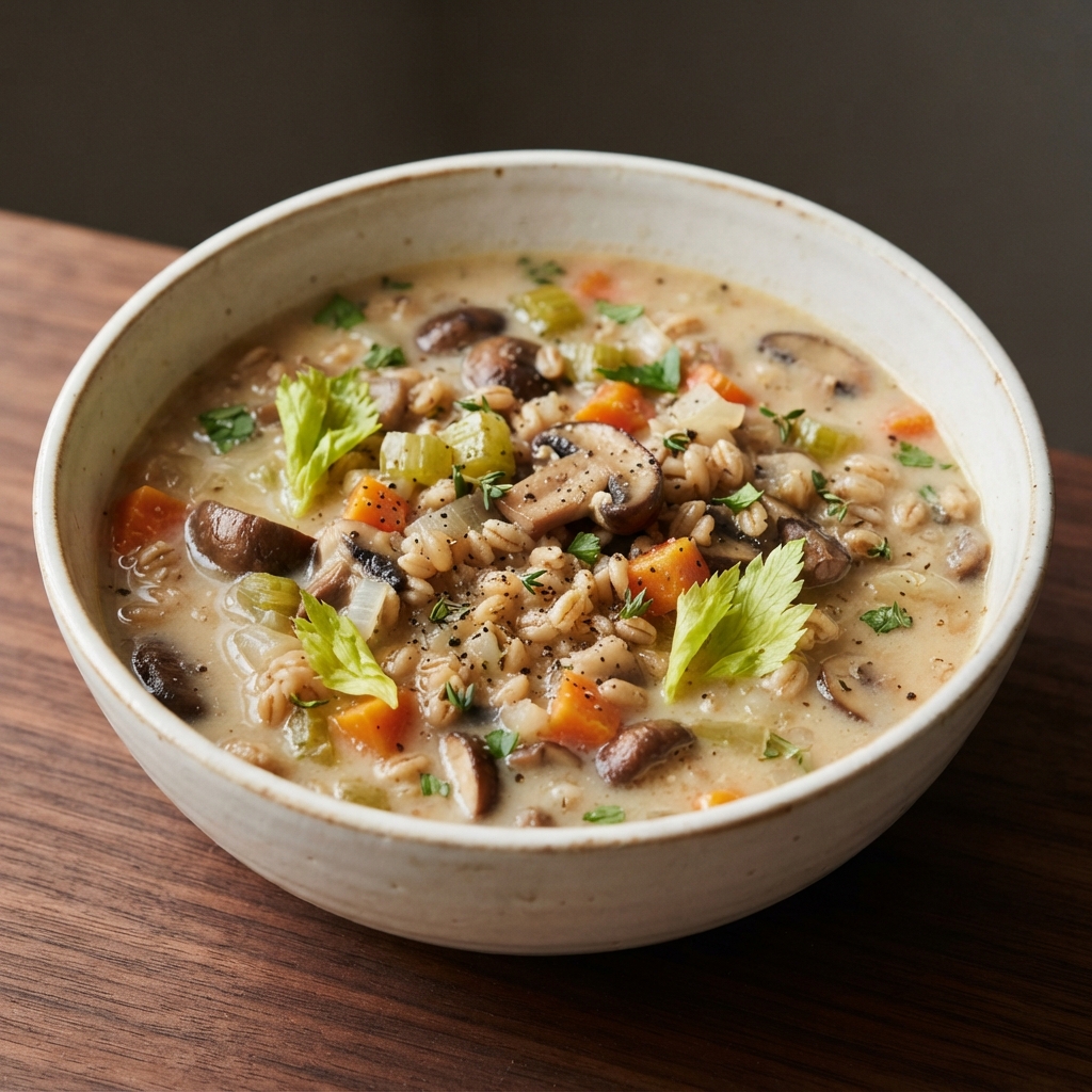 Plant-Based Creamy Mushroom Farro Soup