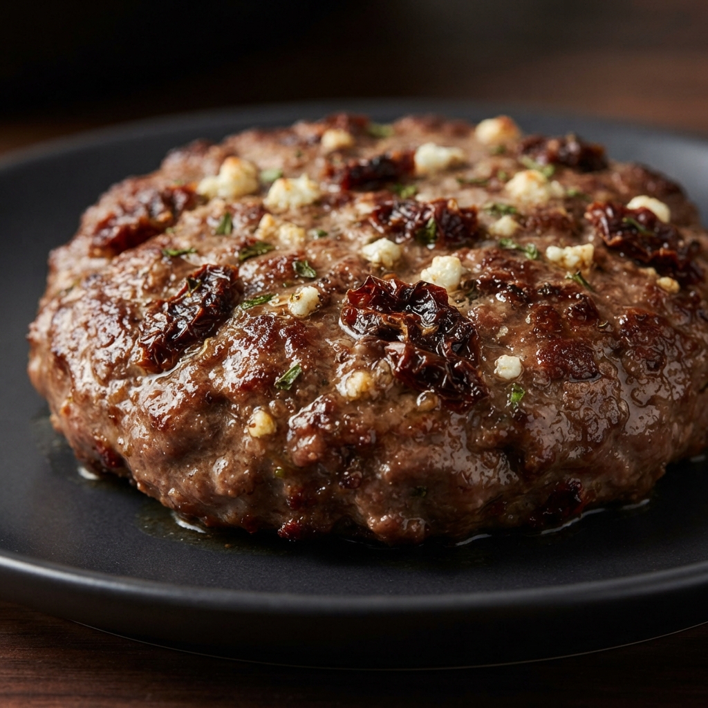 Seared Skillet Burgers with Sun-Dried Tomatoes & Goat Cheese