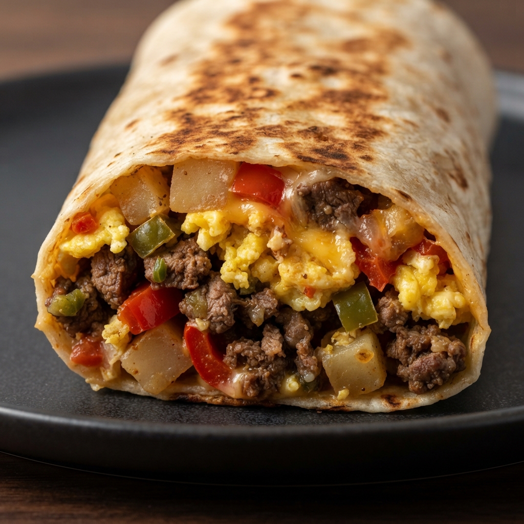 Steak and Egg Breakfast Burrito with Carne Asada