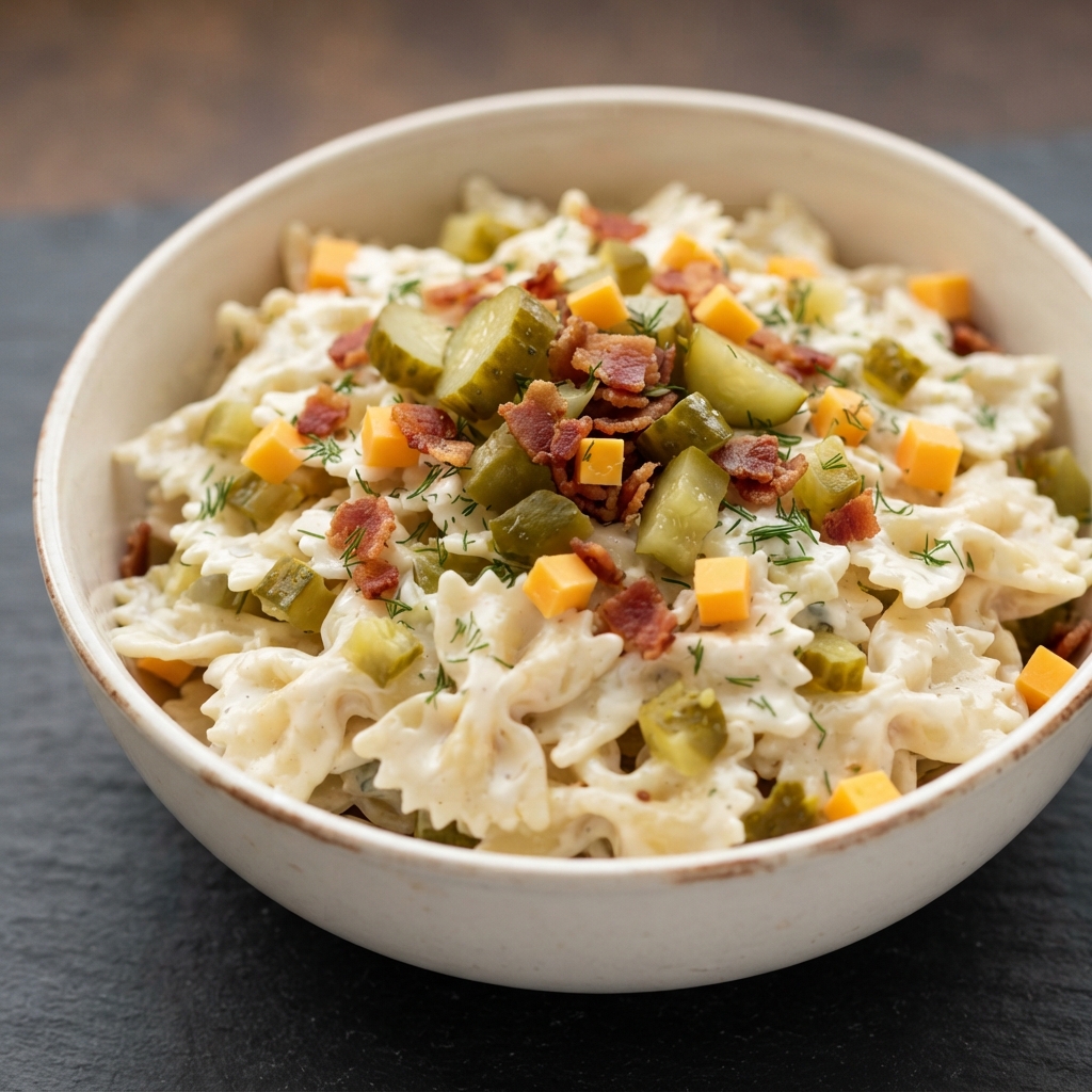Creamy Dill Pickle Bacon Pasta Salad