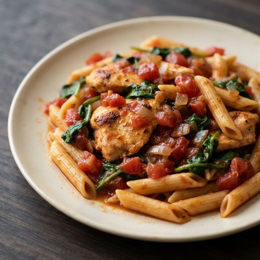 Skillet Chicken Pasta with Tomatoes and Spinach