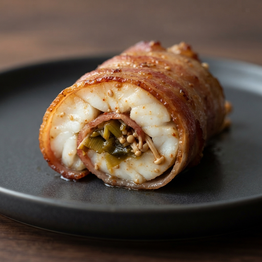 Bacon-Wrapped Cod with Leek and Enoki Filling