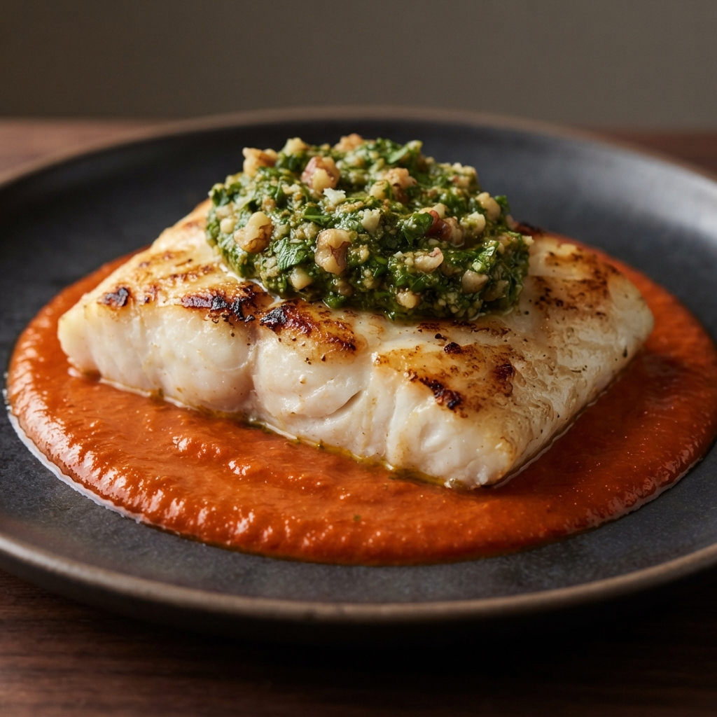 Char-Grilled Mahi Mahi with Red Pepper Sauce and Cilantro-Walnut Pesto