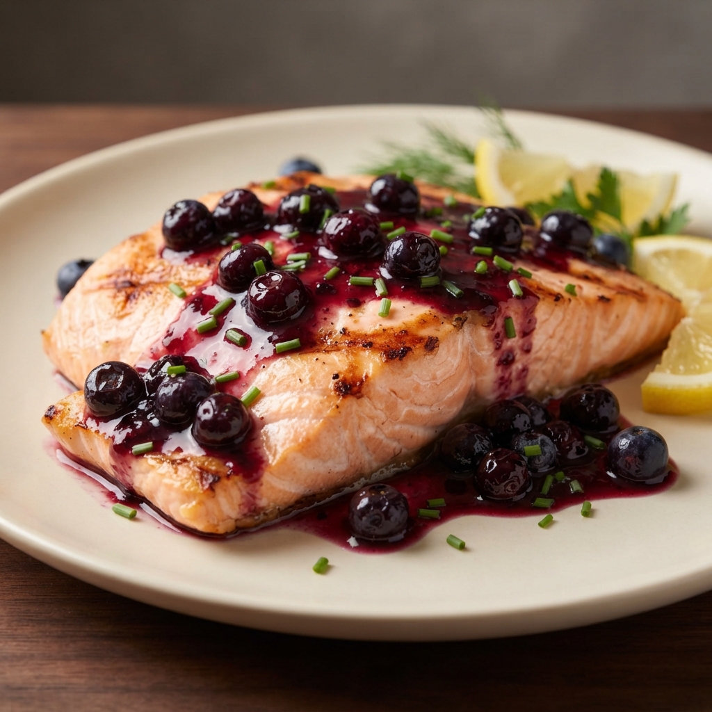 Grilled Salmon Steaks with Blueberry–Balsamic Sauce