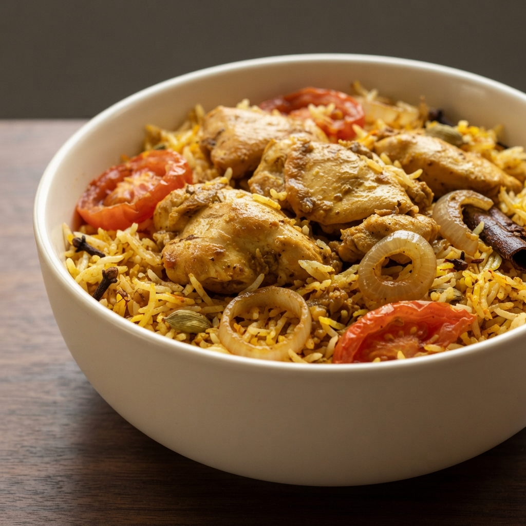 Yogurt-Marinated Chicken Biryani with Saffron Rice