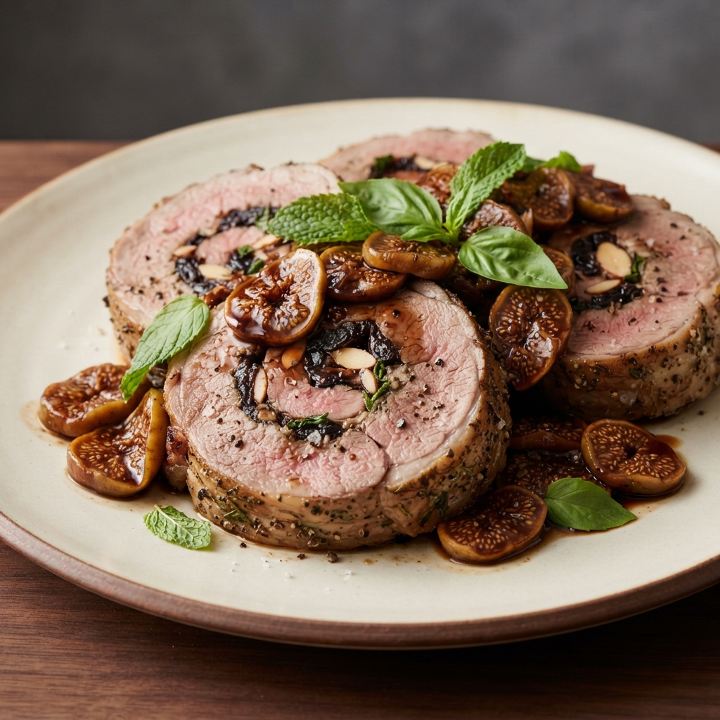 Rolled Leg of Lamb with Balsamic Fig–Basil Sauce
