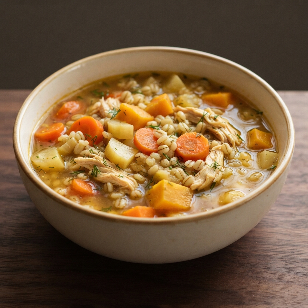 Chicken Barley Soup with Sweet Potato