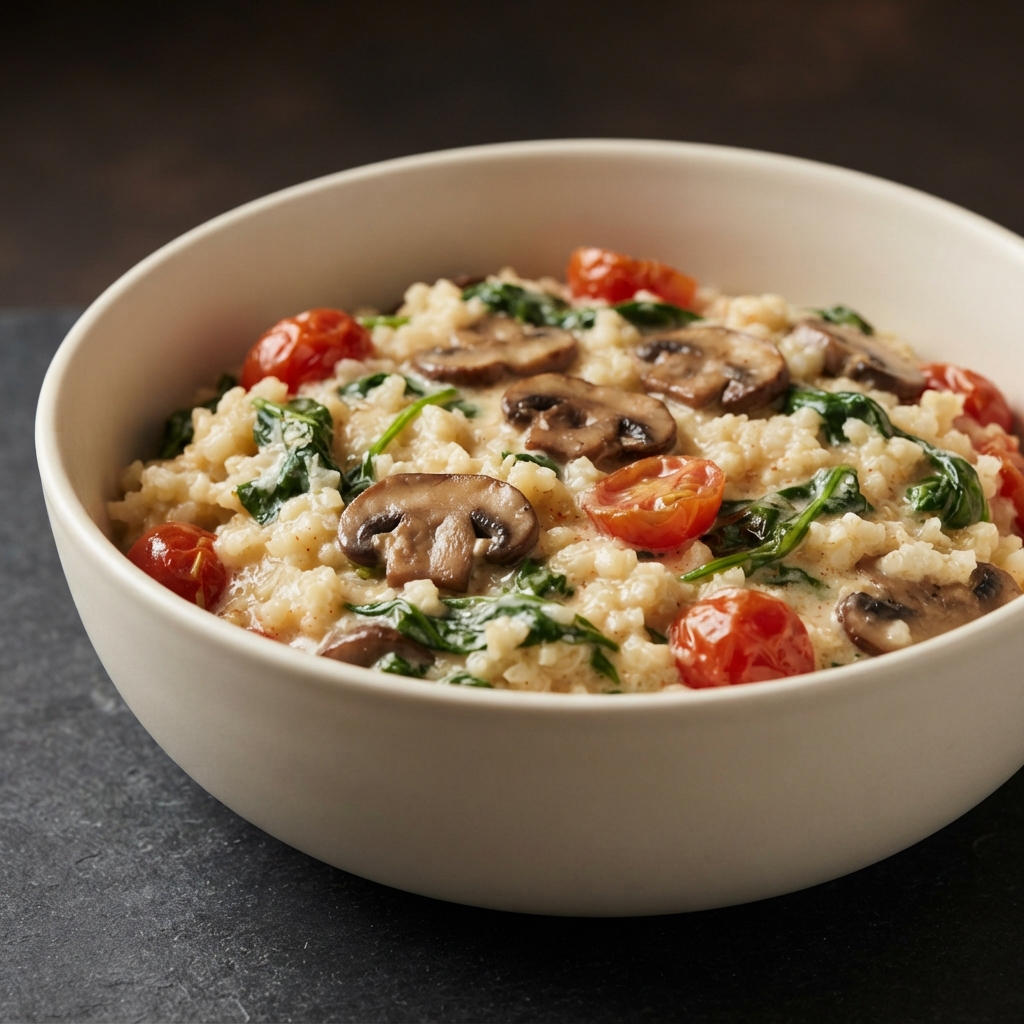 Keto Cauliflower ‘Risotto’ with Spinach, Mushrooms, and Tomatoes