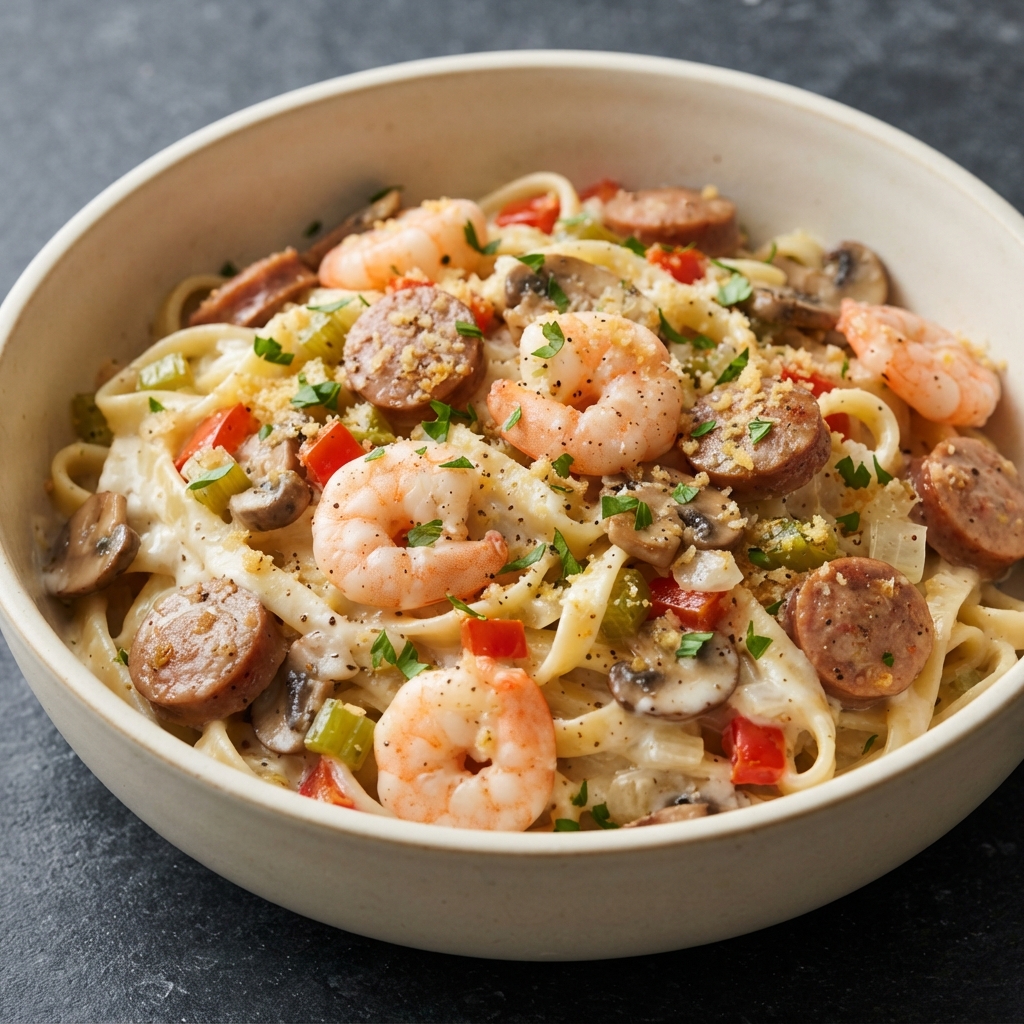 Creole-Style Shrimp and Sausage Alfredo Pasta