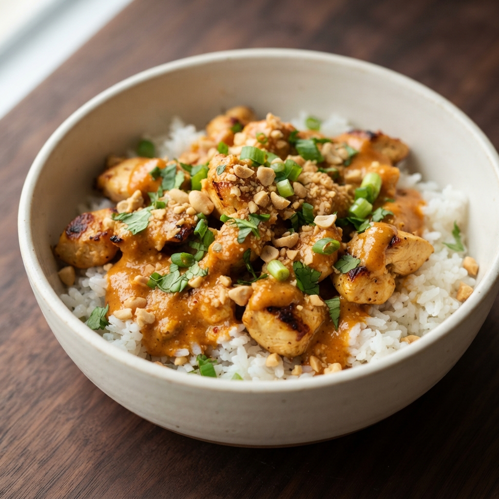 Chicken Satay Rice Bowls with Spicy Peanut Sauce