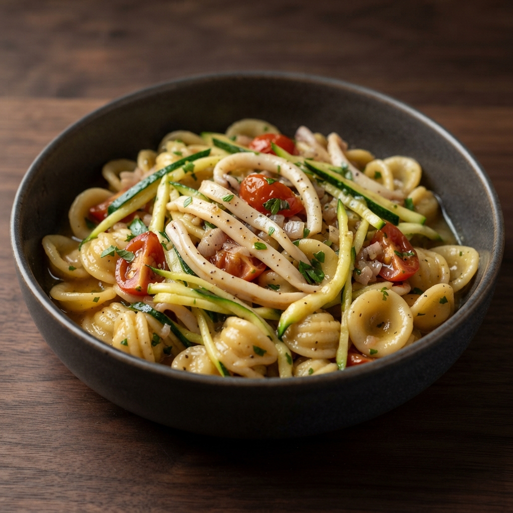 Pasta con Seppioline e Zucchine alla Julienne (Zucchini and Calamari Pasta)