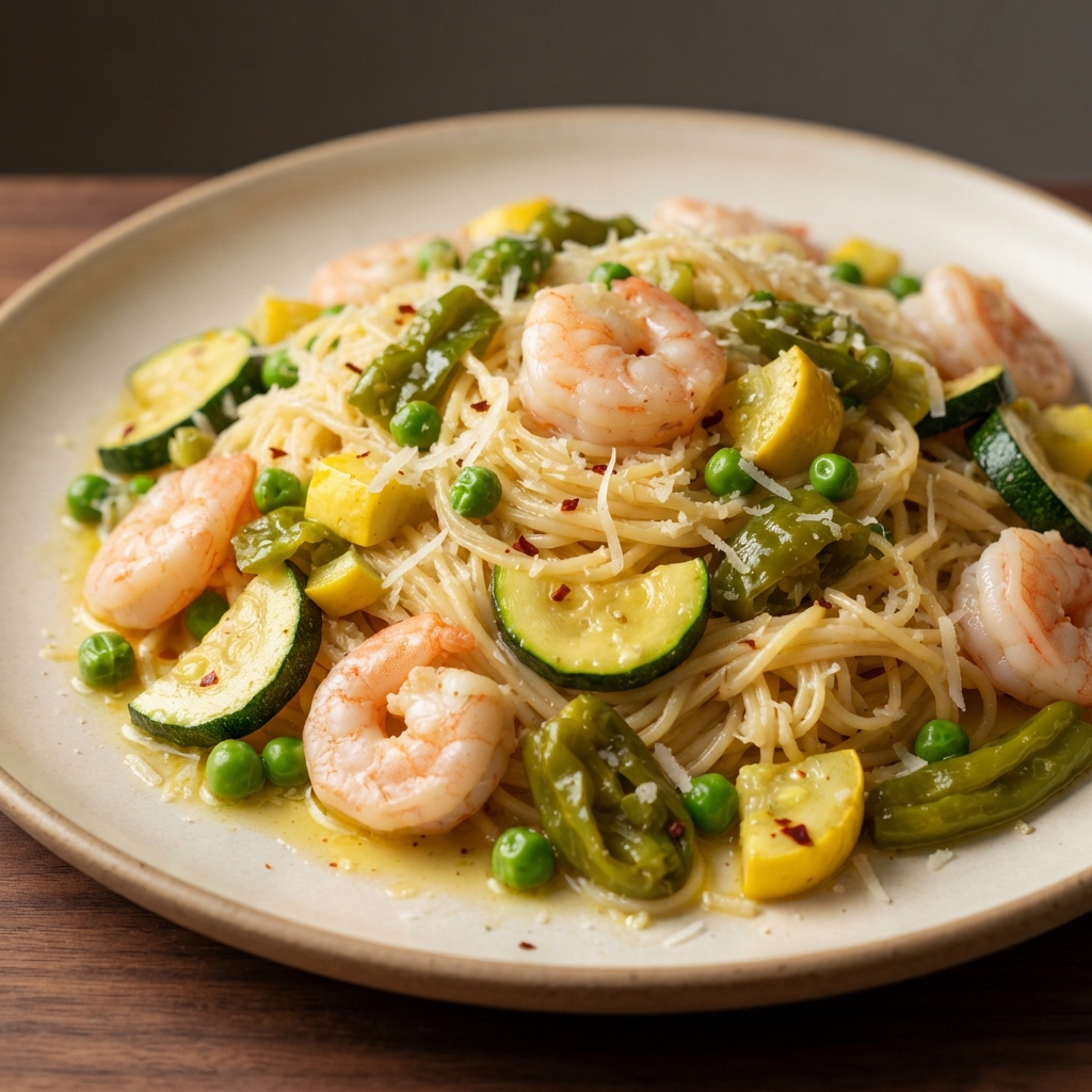Garlicky Shrimp Primavera with Shishito Peppers