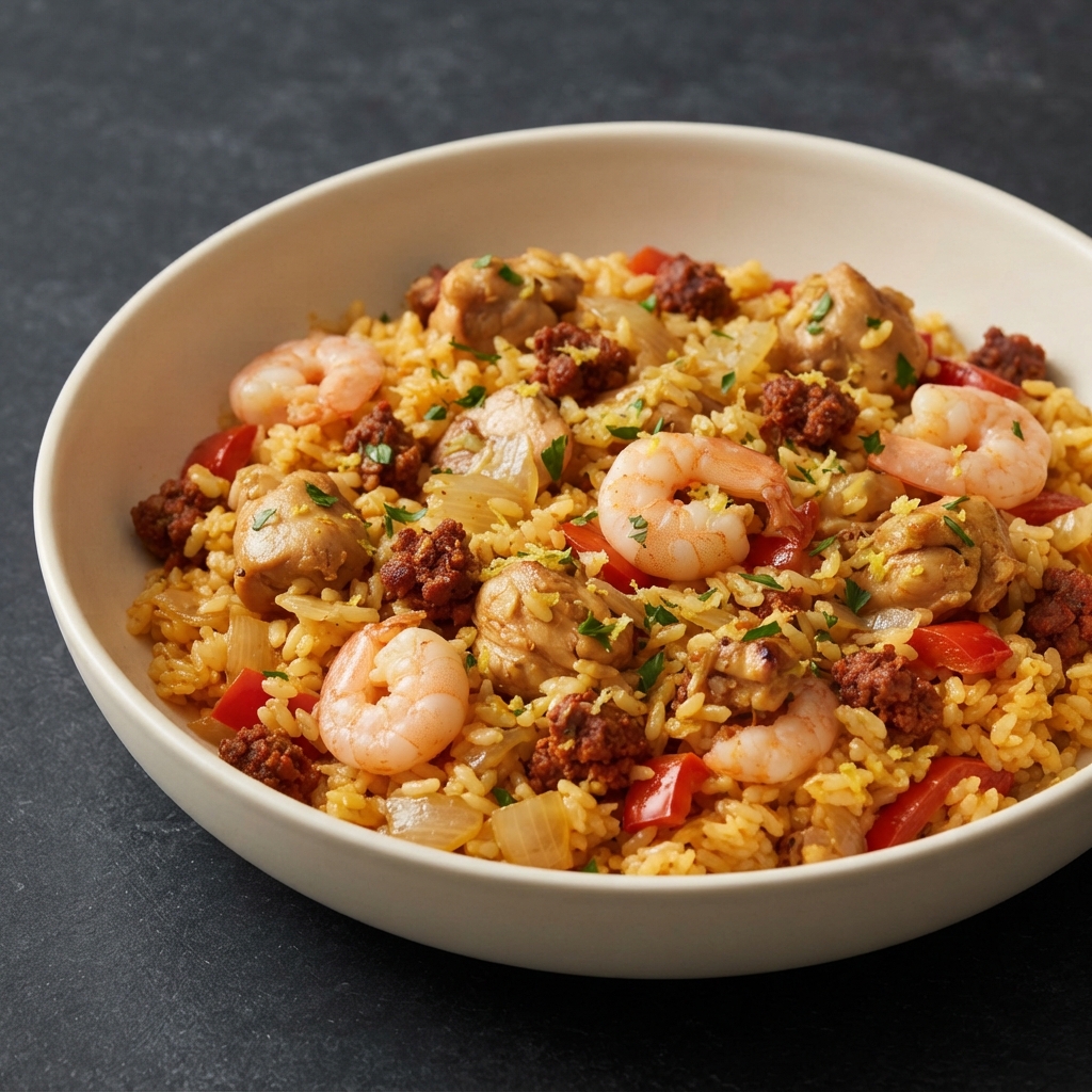 Weeknight Chicken, Chorizo, and Shrimp Paella