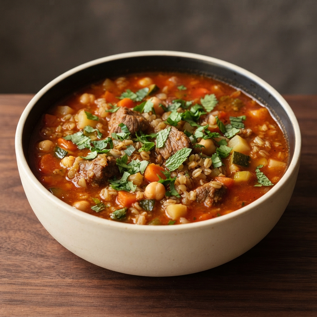 Chorba Frik Hamra (Algerian Lamb, Tomato & Freekeh Soup)