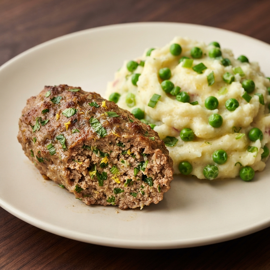 Spring Meatloaf with Baby Red Mash and Peas