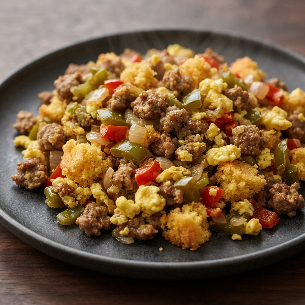Sausage and Cornbread Scramble with Peppers