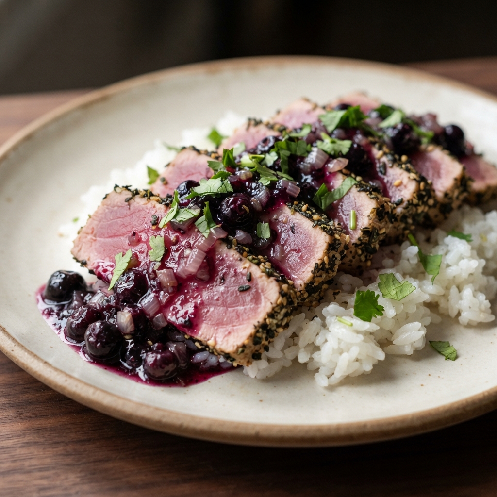 Seared Tuna Steaks with Wasabi–Blueberry Glaze