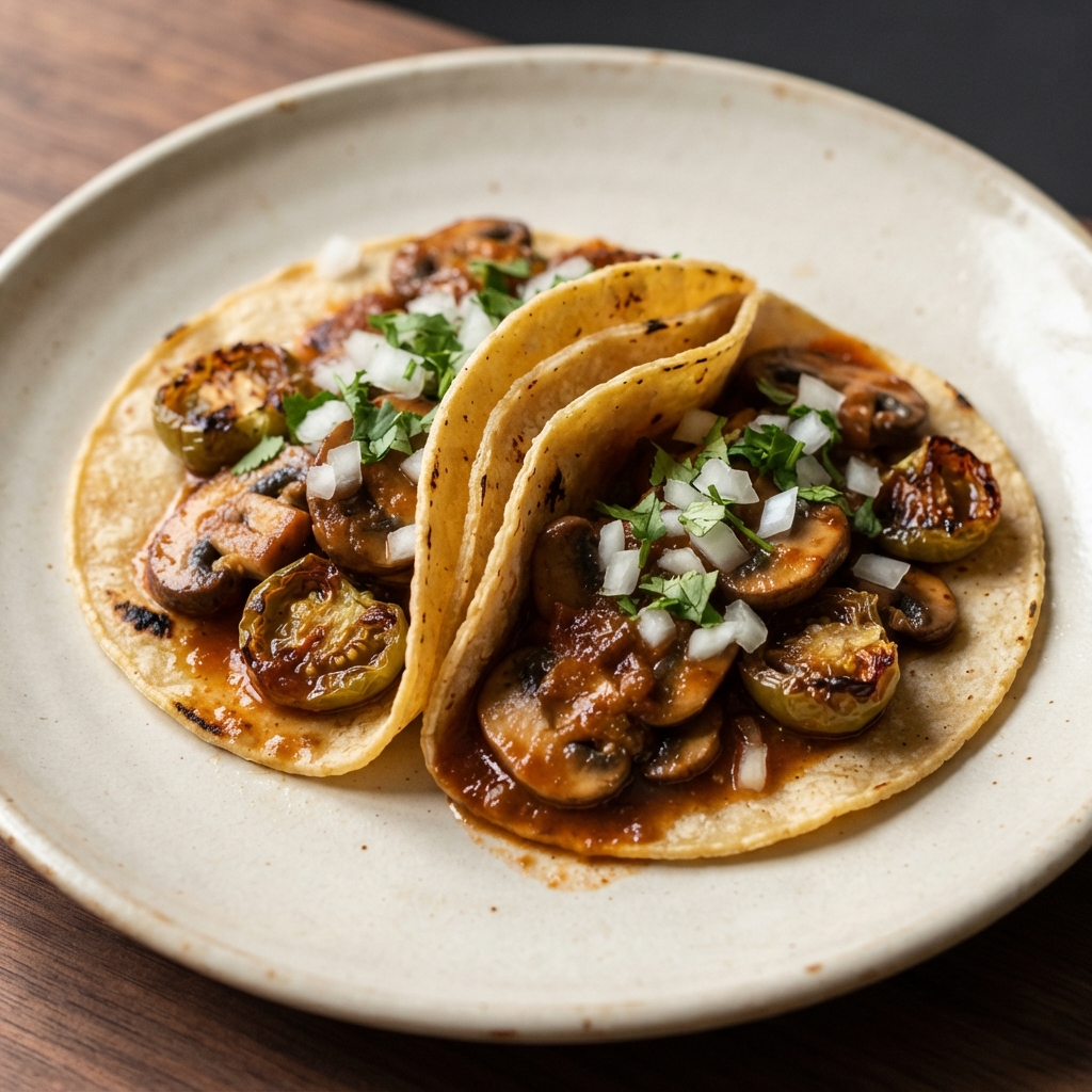 Plant-Based Tacos with Mushrooms and Tomatillos
