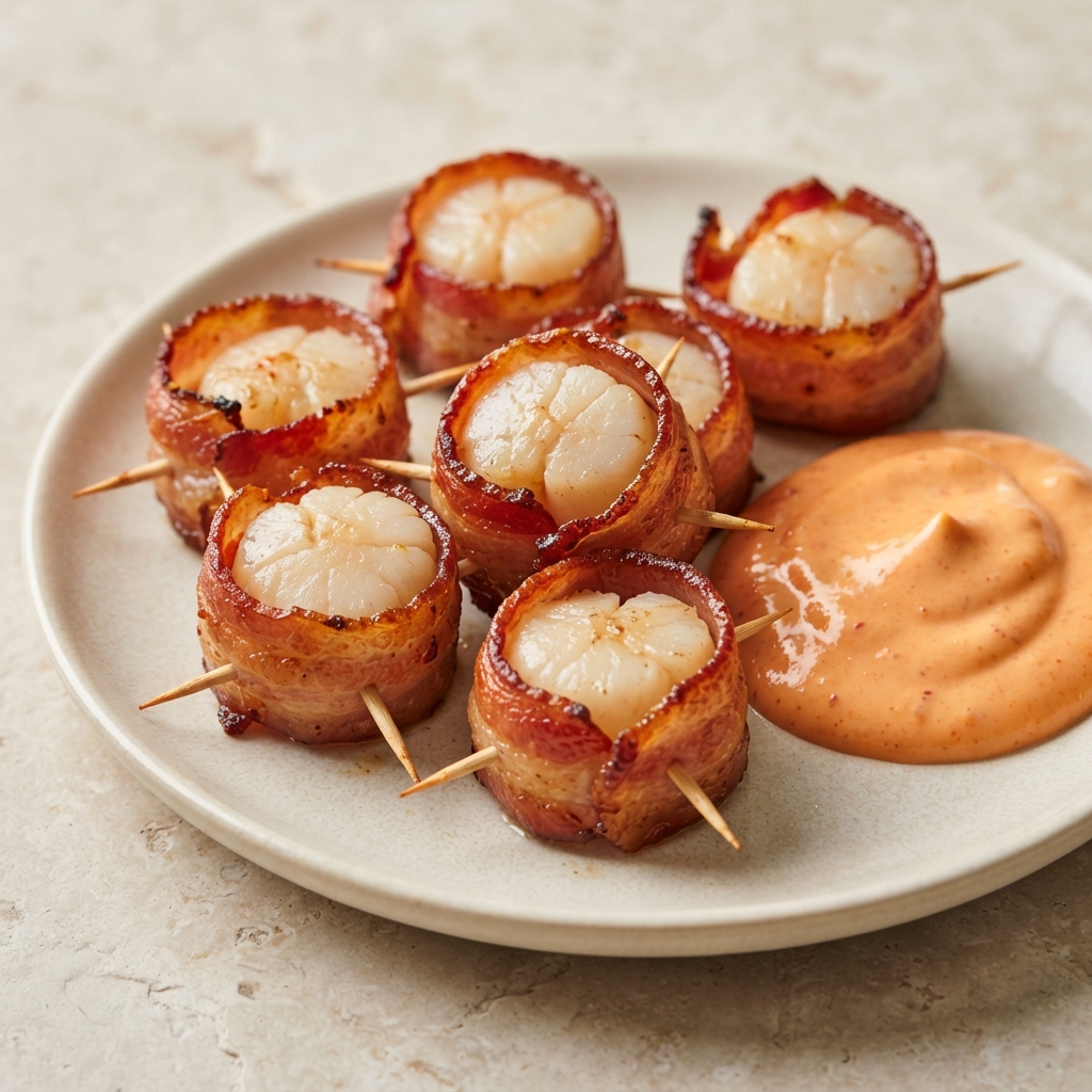 Air Fryer Bacon-Wrapped Scallops with Sriracha Mayo