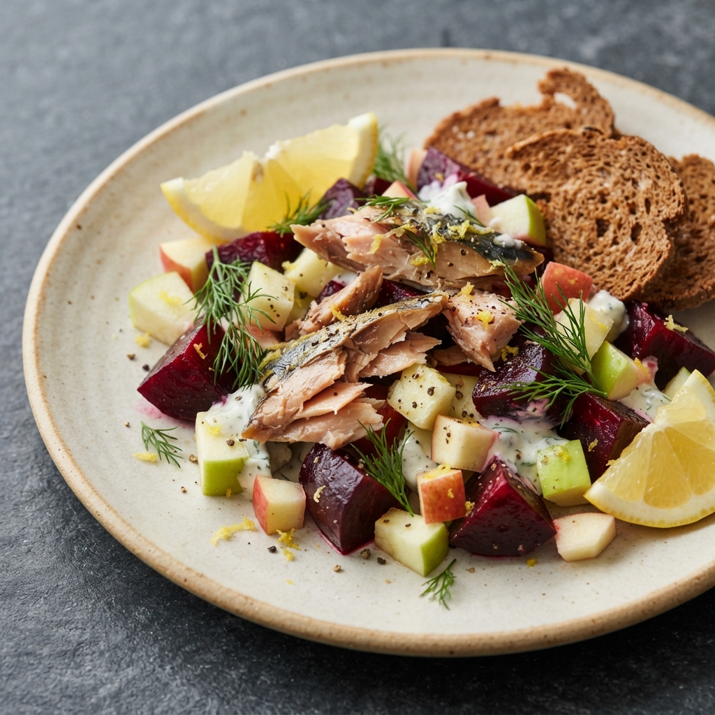 Smoked Mackerel with Beets, Apple, and Pumpernickel Crisps