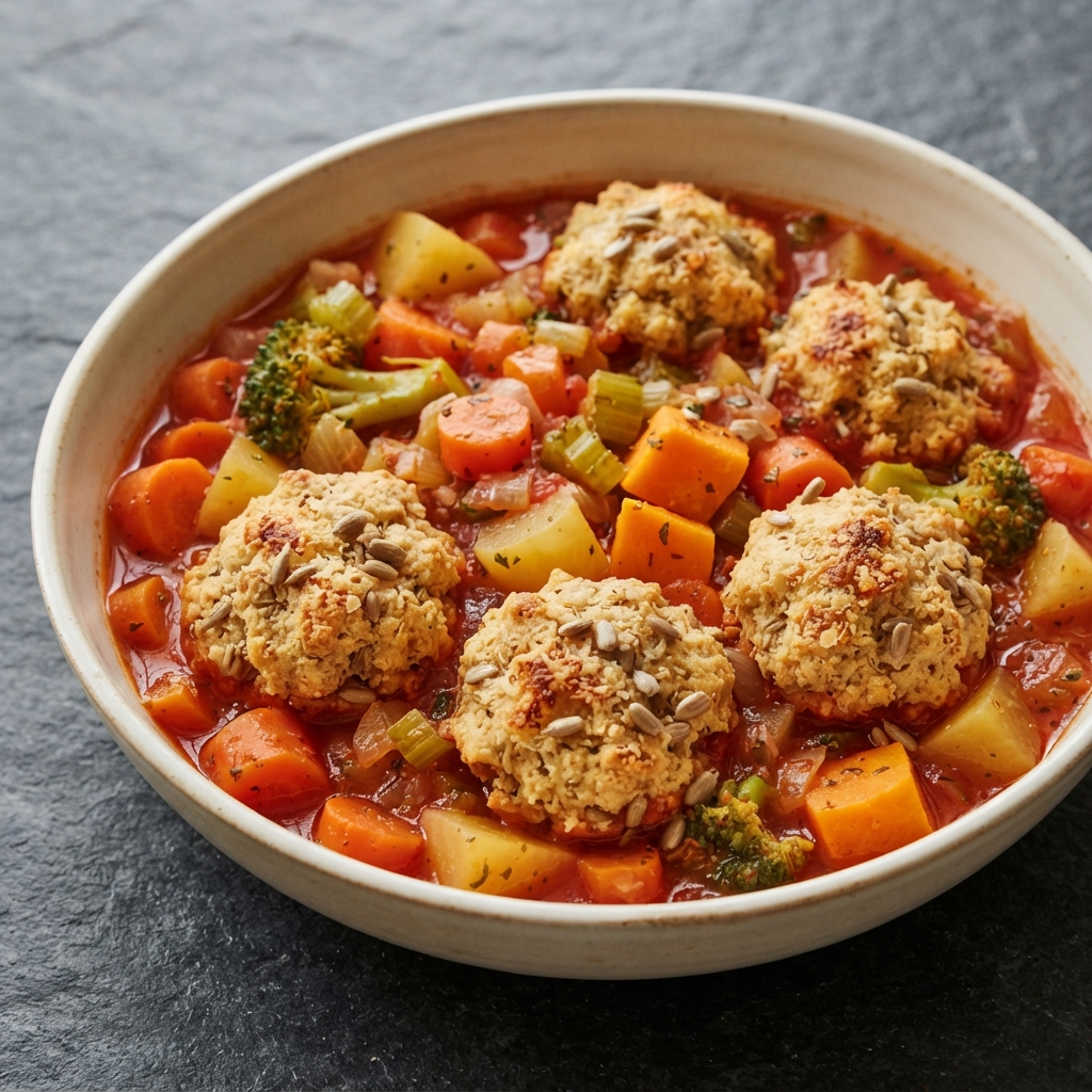 Turnip–Yam Vegetable Stew with Sunflower-Parmesan Mini Biscuits