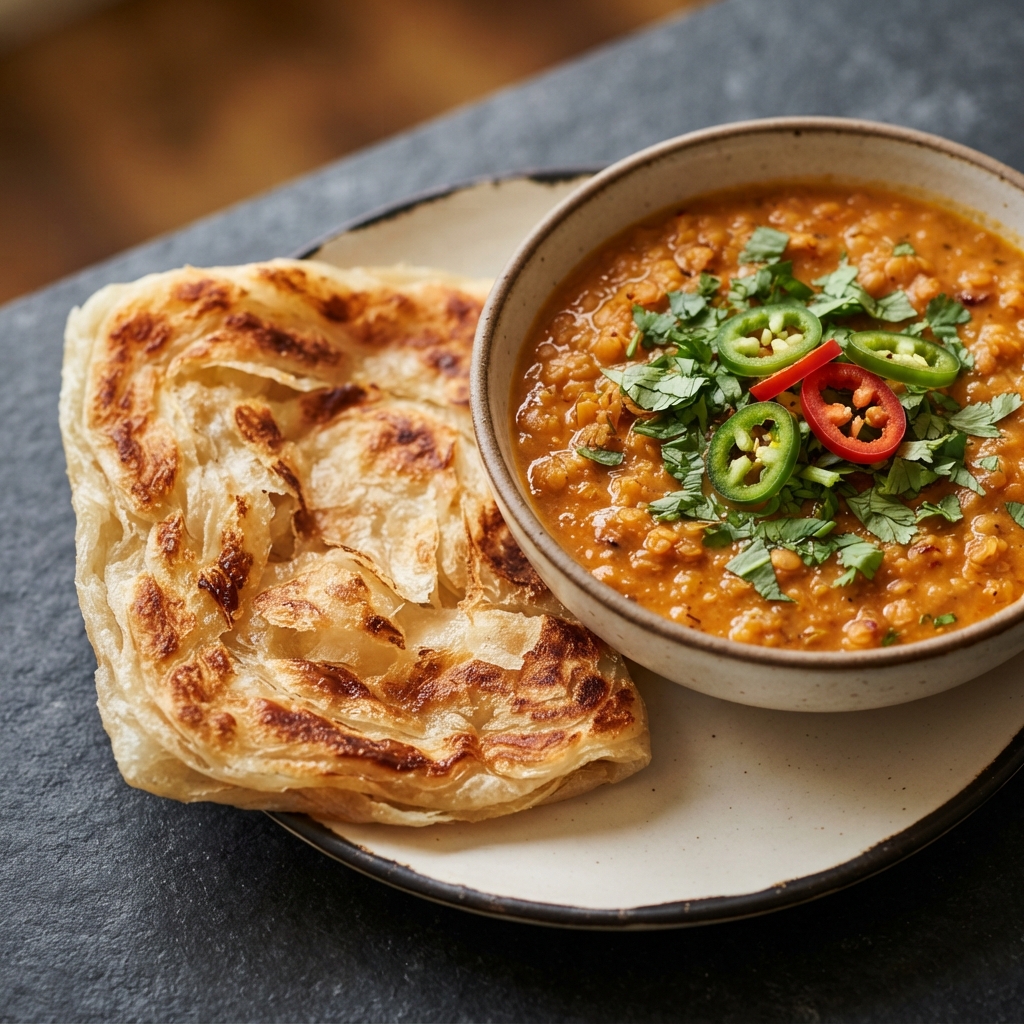 Malaysian Flatbread (Roti Canai) with Curried Lentil Dip